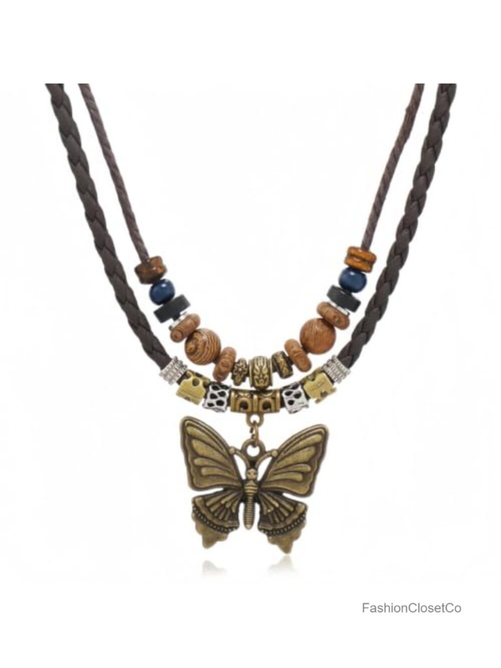 Boho Butterfly Pendant Necklace Waxed Rope Wooden Beads Layered Choker